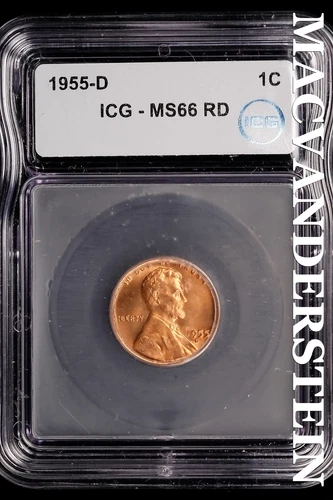 1955-D Lincoln Wheat Cent-ICG MS 66 RD Choice Gem BU No Reserve #SLL1022
