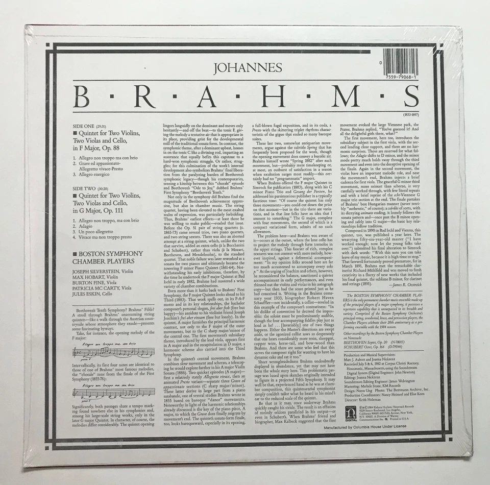 BOSTON SYMPHONY CHAMBER PLAYERS: Brahms String Quintets  (Vinyl LP  Sealed) - Image 2 of 2