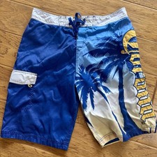 Corona Swim Trunks Men  s 34 Blue Gold Palm Tree Swimwear Board Shorts