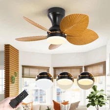 5 Palm Leaf Ceiling Fan with Light and Remote Control, Tropical Coastal Outdo...