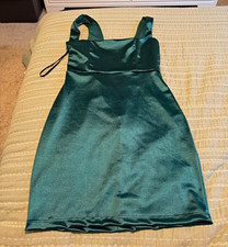 Windsor Green Satin Lace-Accented Mini Bodycon Dress Lace-Up Back Size L