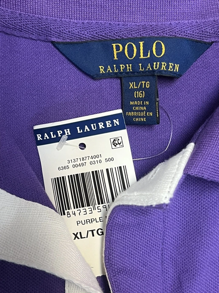Polo Ralph Lauren Girls Striped Rugby Club Shirt Dress XL X-Large 16 Purple Blue - Image 3 of 4