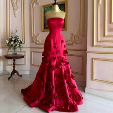 Red Glamorous Party Dress Strapless Evening Dress with 3D-Flowers Prom Dress