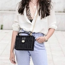 Zara Minaudiere Bag Black Woven Handbag With Gold Crossbody