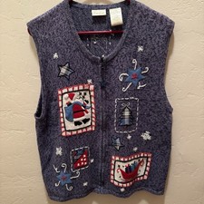 Bobbie Brooks Women s Blue Christmas Sweater Vest Full-Zip Holiday Santa Size XL