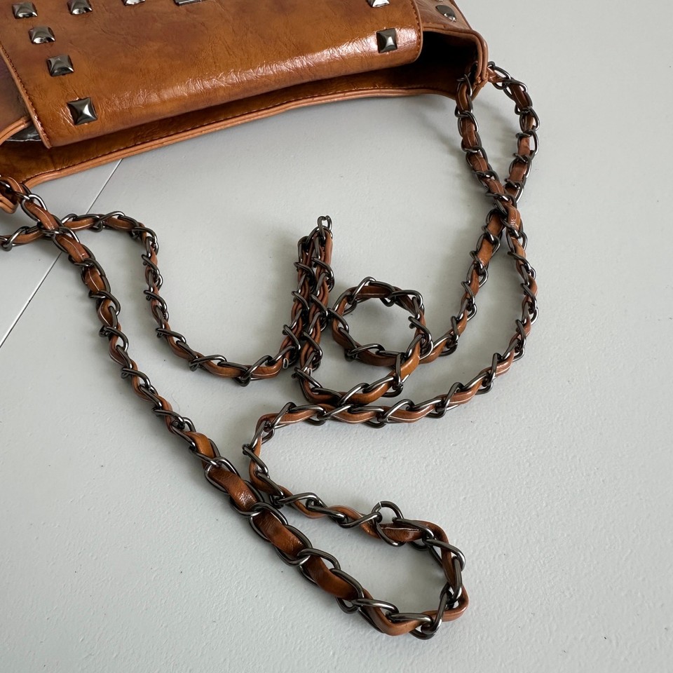 Punk Street Fashion Rivet Chain Solid Vegan Brown Leather Shoulder ...