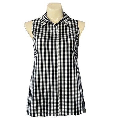 Vision 155 Top12 Black White Gingham Plaid Bead Accent Pocket Hi Lo Button Up