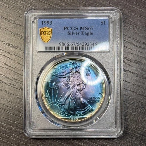 MS67 1993 $1 ASE Silver Eagle Dollar, PCGS Trueview- Nicely Rainbow Toned