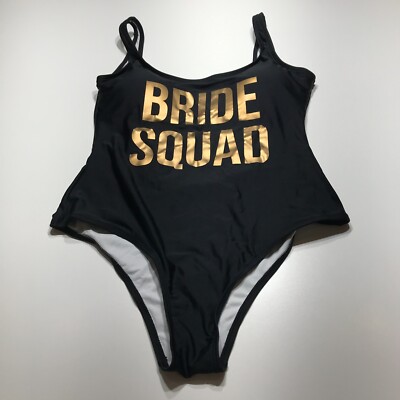 Black ''Bride Squad'' One Piece Super Low Back Swimsuit Womens Size Large