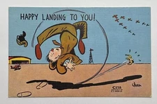 Happy Landing to You Postcard Linen Military Humor Art Comic Army Unposted