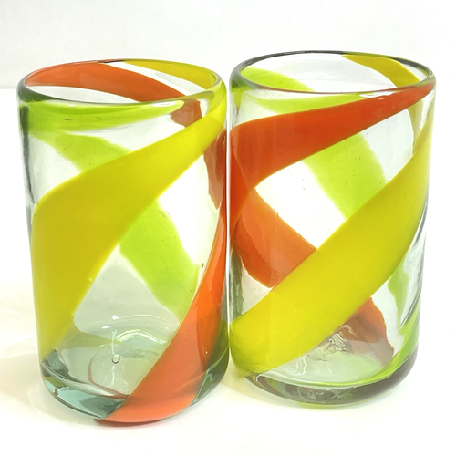 Set Of 2 Mexican Hand-Blown Glass Tumblers 5” Drinking Swirl Yellow-Orange-Green - Picture 5 of 12