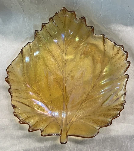 Vintage Amber Iridescent Carnival Glass Leaf Shaped Dish Textured 11" x 10 1/4"