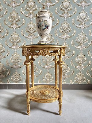 Round Side Table French Baroque Style in Green Marble Top Antique Handmade Table