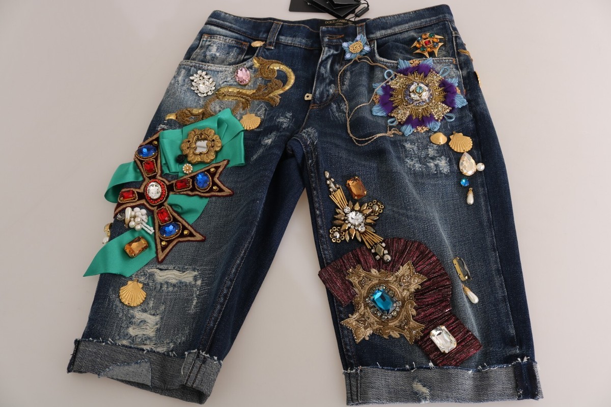 DOLCE & GABBANA Shorts Blue Denim Mid Waist Crystal Capri