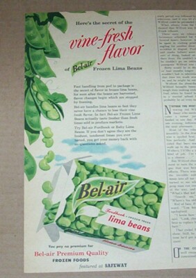 1954 print ad -Safeway Foods Grocery Store Bel-Air frozen lima beans Advertising