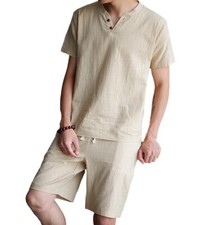 2-Piece Sets Tracksuit Mens Short Sleeve T Shirts and Shorts Cotton Linen Outfit