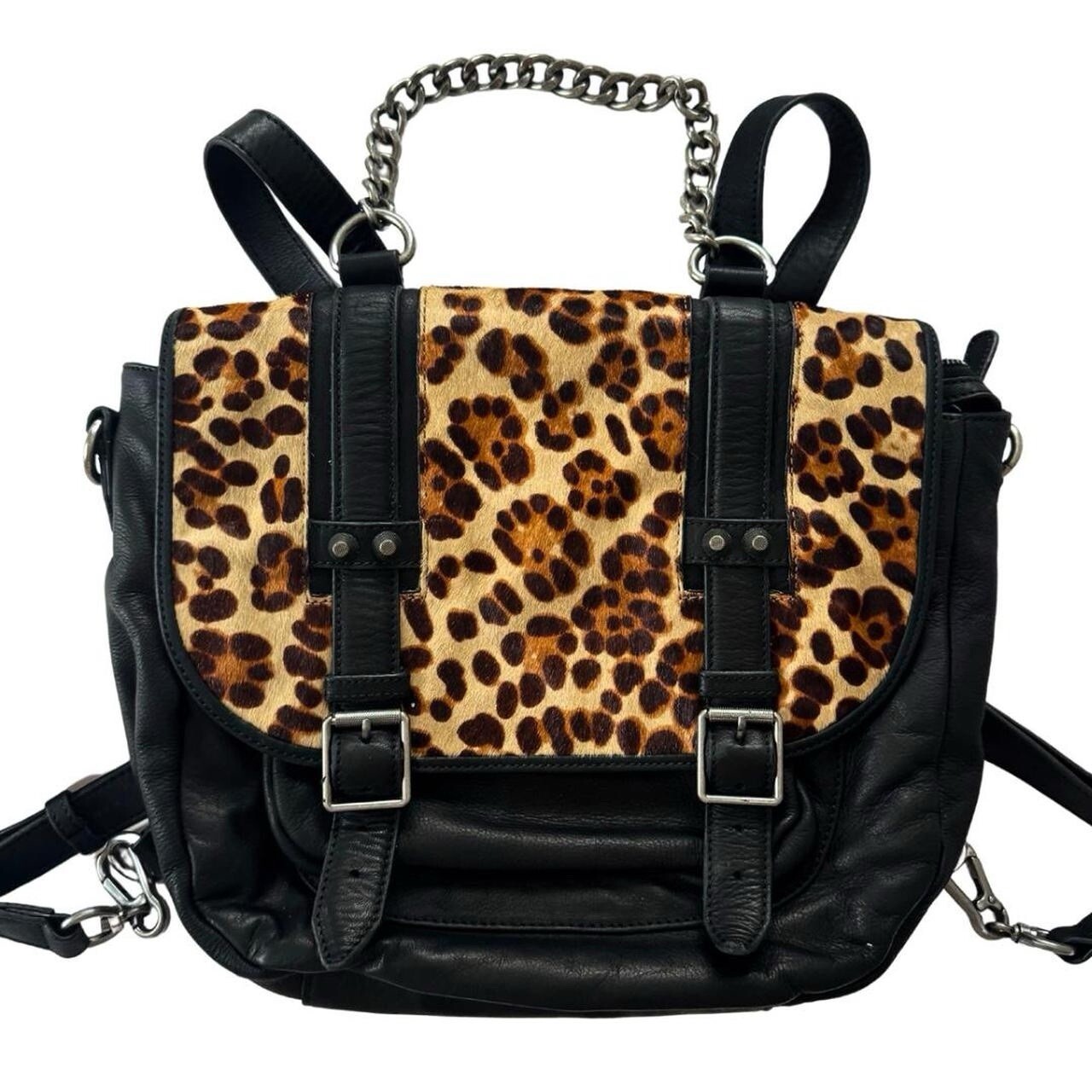 ASH Leather Leopard Calf Hair Backpack with Silver Chains