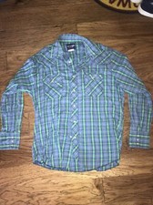 Wrangler Cowboy Cut Pearl Snap Button Western Shirt Vintage Size Medium Blue