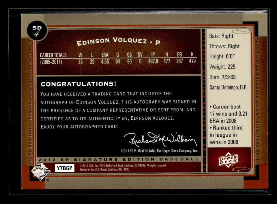 2012 SP Signature Edition Edinson Volquez Autograph Auto Padres FX1690 - Image 2 of 2