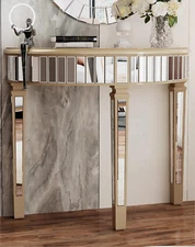 Half-Moon Mirrored Console Table: Tall Semi Circle Entryway Desk 3 Legs with Low