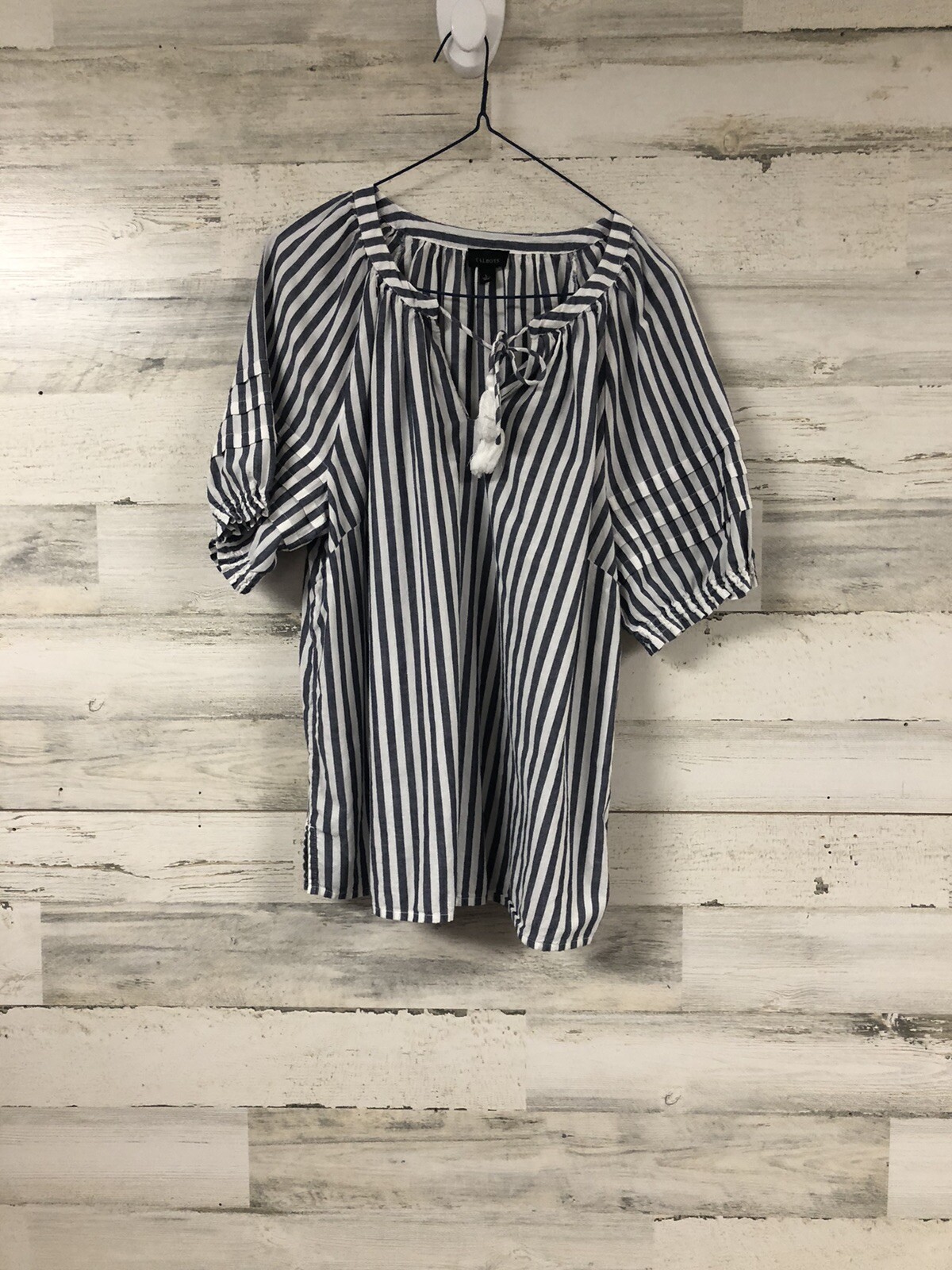 Talbots L Striped Pullover Top Tassel Tie Neck Pl… - image 1
