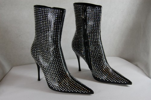 39/8.5❤️$895 BALDINI MADE IN ITALY LEATHER HIGH HEELS CRYSTAL BLACK ANKLE BOOTS - Picture 5 of 12