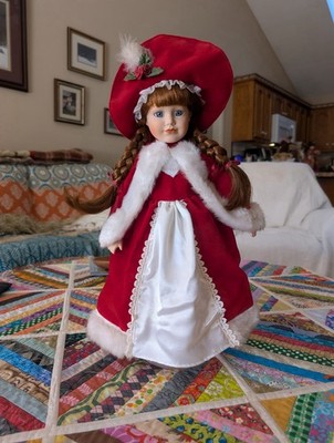 Vintage 16'' Christmas Caroler, Porcelain Doll Red Velvet Winter White Fur Dress