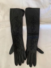 Vintage Black Leather  Evening Long Gloves With Black Beaded Design
