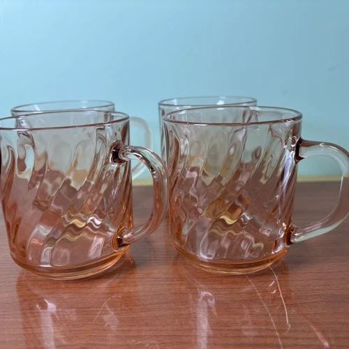 Vintage Arcoroc France Pink Rosaline Optic Swirl Coffee Mug Set of 4 Coffee Cups
