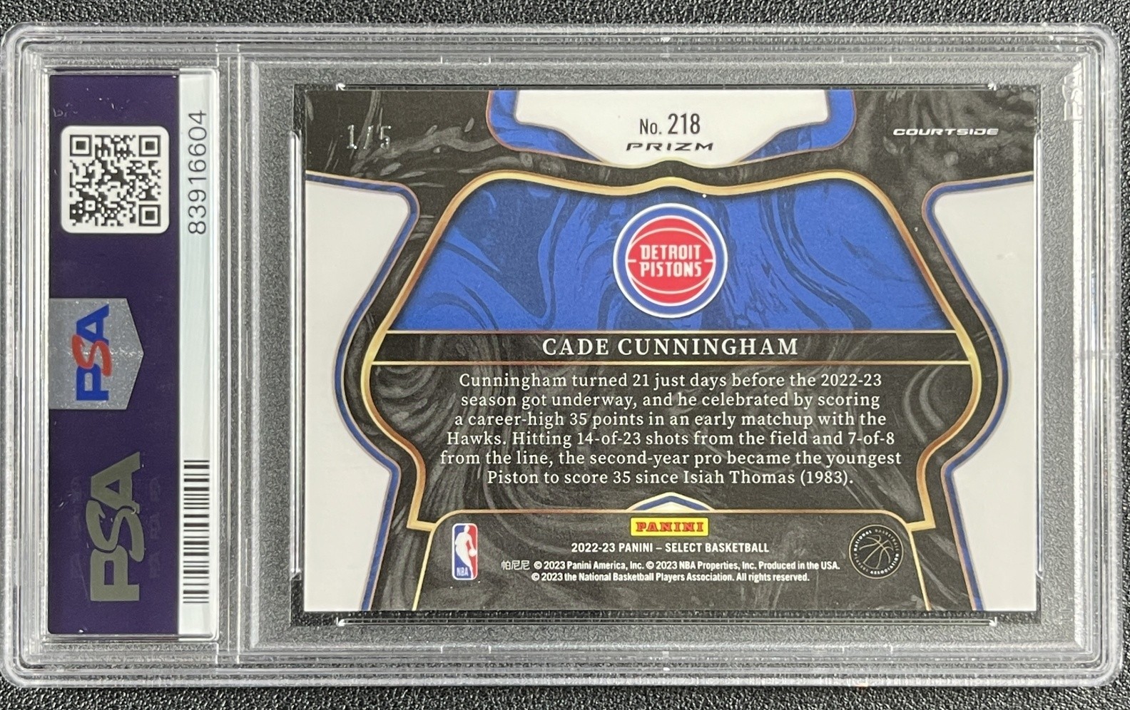 CADE CUNNINGHAM PSA 9 2022-23 PANINI SELECT #218 GREEN PRIZM COURTSIDE 1/5 view 2