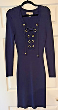 NWOT Michael Kors Navy Blue Ribbed Lace-Up Sweater Dress Knee Length Size Large