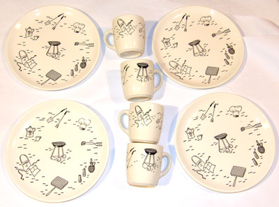VTG UNUSED 1960s SCIO POTTERY BARBEQUE/BAR-B-Q 8 PIECE SET CUPS/PLATES! OHIO USA