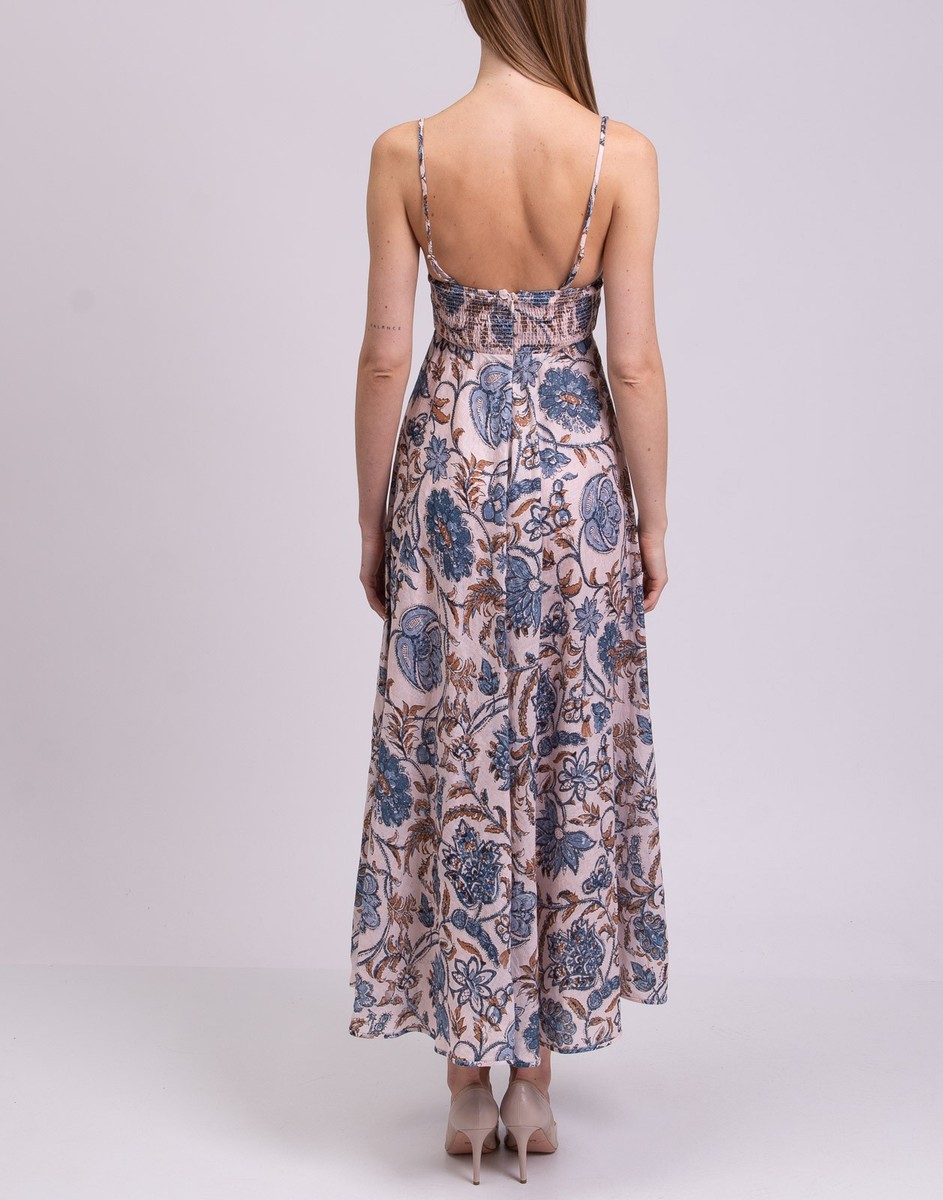 RRP720 ZIMMERMANN Vitali Linen Midi Dress AU0 US4 S Floral Shirred Bandeau  Neck | eBay