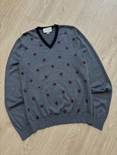 Gucci Grey Bee Intarsia Wool Knit V-Neck Sweater Pullover Men's XL Made in Italy
