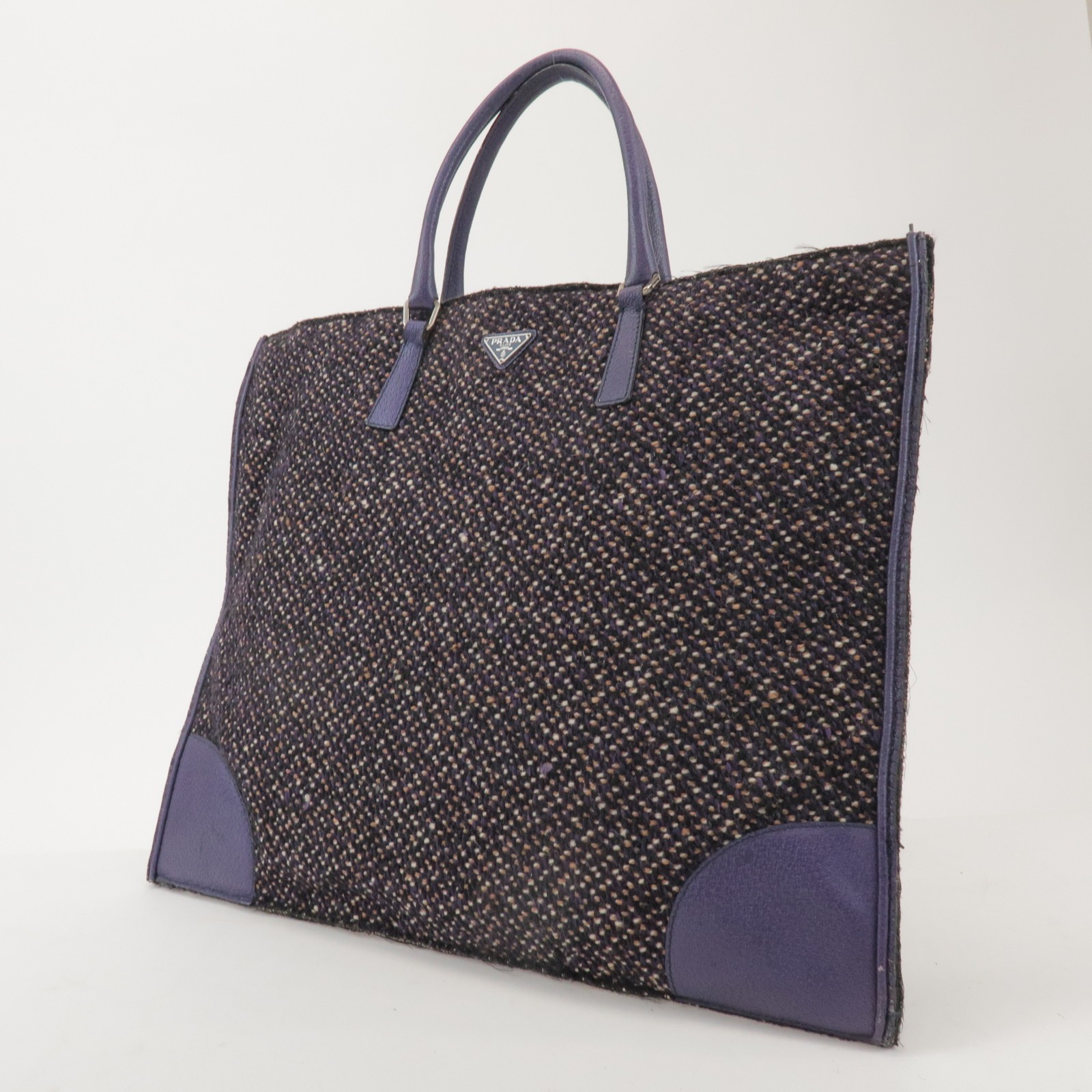 PRADA Triangle Logo Wool Leather Tote Bag Hand Bag Purple Authentic Used F/S image 3