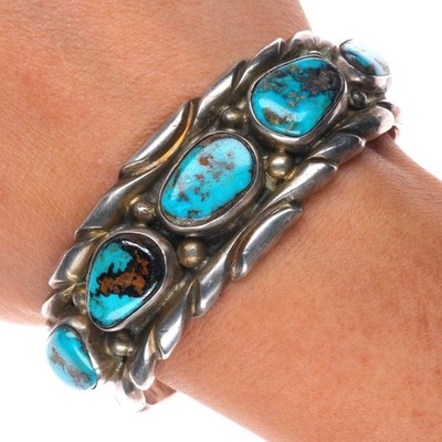 6.25'' Vintage Navajo Pilot Mountain turquoise sterling silver row cuff bracelet