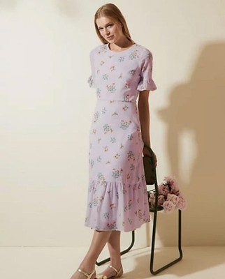 Neu M&S X Ghost lila Blumen Baumwolle Rüschenärmel Midikleid Gr UK 6 10 12 16 18
