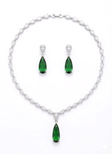 Emerald Green Teardrop Crystal Necklace Earrings Set - Silver Tone Bridal AD