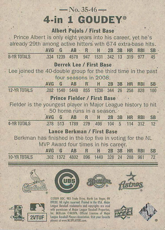 PUJOLS / LEE / BERKMAN / FIELDER 2009 Goudey 4-IN-1 GOUDEY #35-46 - Image 2 of 2