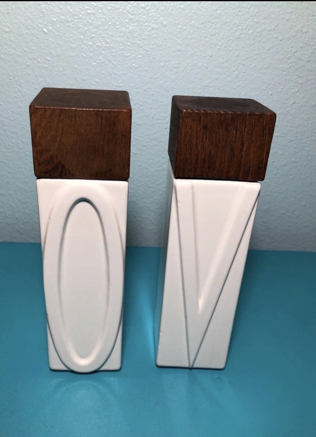 Vintage Oil & Vinegar Set Ceramic With Wooden Top