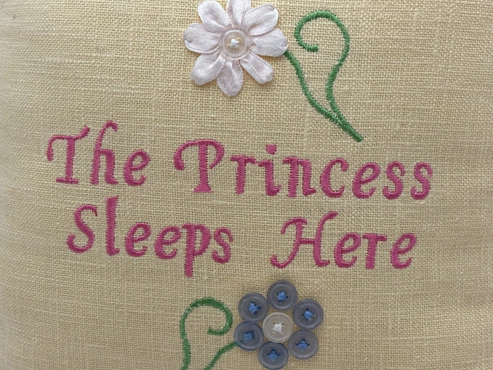 Girls/Teens Throw Pillow  “The Princess Sleeps Here” Embroidered 10”x10” Yellow - Image 2 of 4