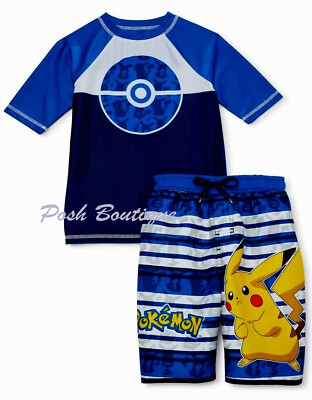 Pokemon Rashie NWT Pokemon Pikachu Swim Trunks Rash Guard Shirt Top Swimsuit Set Sz 4 ...