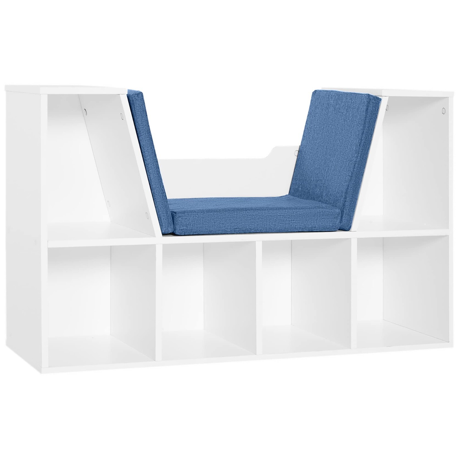 Bibliothèque multi rangement blanc avec coussins bleu meuble de chambre moderne en bois