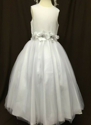 Visara Blumenmädchen 1. Erstkommunion Kleid weiß Satin 7-8 Jahre