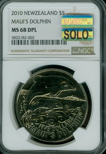 2010 NEW ZEALAND $5 DOLLAR DOLPHIN NGC MS68 DPL SOLO MAC SPOTLESS 2000 MINTED .