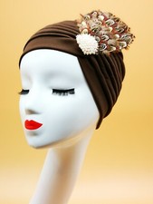 Brown & Ivory Feather Turban Vintage 1920s Cloche Hat 1930s Headpiece Flapper