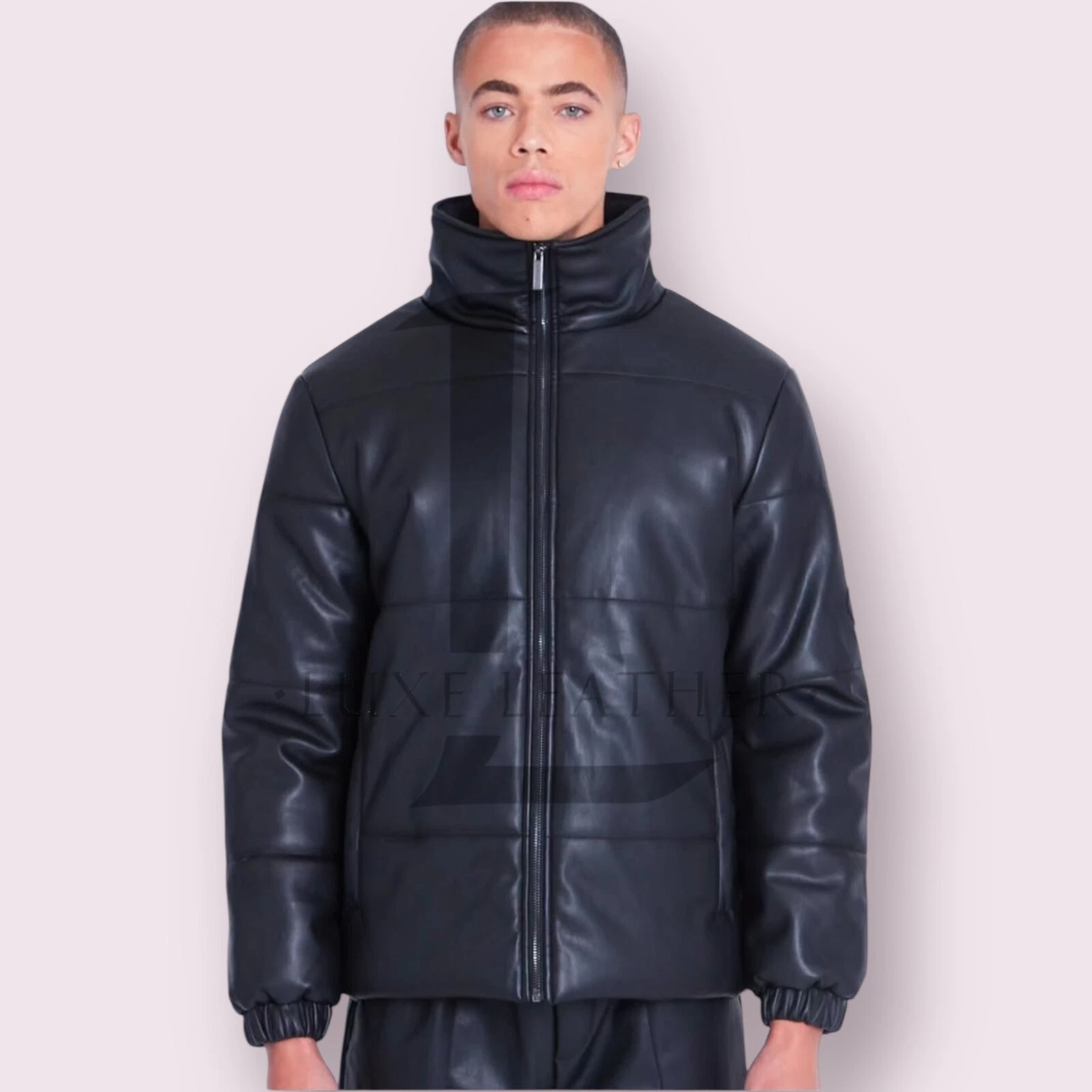 Waterproof Regular Fit Stand Collar Zippered LAMBSKIN Leather Puffer Jacket