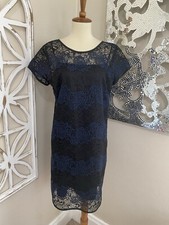 ANN TAYLOR LOFT size 4 BLACK NAVY STRIPE LACE LINED SHORT SLEEVE SHEATH DRESS
