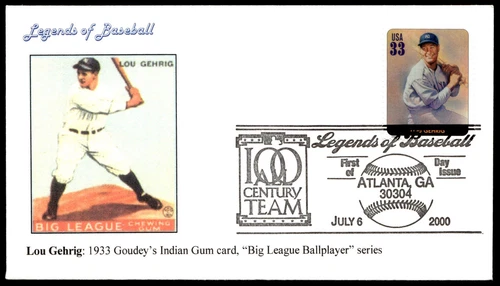 2000 Lou Gehrig FDC Legends of Baseball 1933 Indian Gum Card Ginsburg Cachet