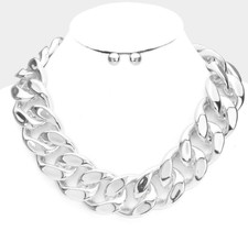 STATEMENT WIDE CHUNKY SILVER CHAIN FASHION NECKLACE LIGHT WEIGHT JEWELRY SET 